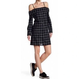 NWT Dual Nature plaid cotton flannel cold shoulder mini dress SZ XS black white